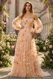 Floral Champagne Tulle A Line Long Prom Dress with Detachable Sleeves