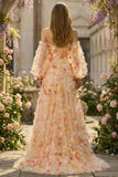 Floral Champagne Tulle A Line Long Prom Dress with Detachable Sleeves