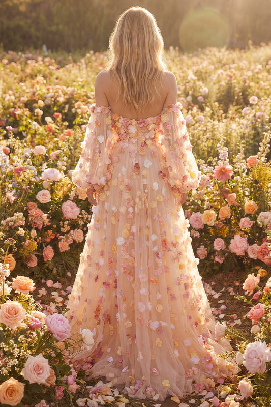 Champagne Floral A-Line Tulle Long Prom Dress with Detachable Sleeves