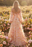 Floral Champagne Tulle Plus Size Long Prom Dress with Detachable Sleeves