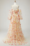 Champagne Floral A-Line Tulle Long Prom Dress with Detachable Sleeves