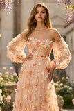 Floral Champagne Tulle A Line Long Prom Dress with Detachable Sleeves