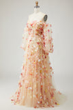 Champagne Floral A-Line Tulle Long Prom Dress with Detachable Sleeves