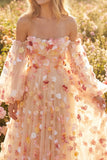 Champagne Floral A-Line Tulle Long Prom Dress with Detachable Sleeves