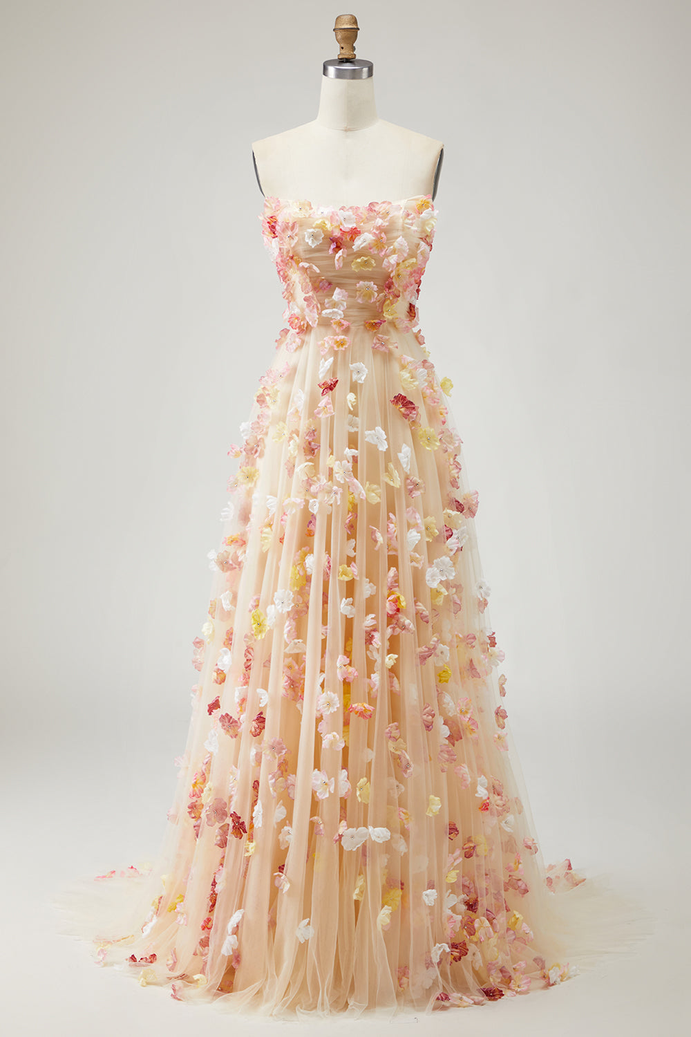 Champagne Floral A-Line Tulle Long Prom Dress with Detachable Sleeves