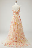 Champagne Floral A-Line Tulle Long Prom Dress with Detachable Sleeves