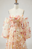 Champagne Floral A-Line Tulle Long Prom Dress with Detachable Sleeves