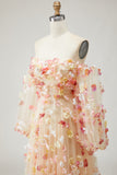 Champagne Floral A-Line Tulle Long Prom Dress with Detachable Sleeves