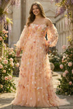 Champagne Floral A-Line Tulle Long Prom Dress with Detachable Sleeves