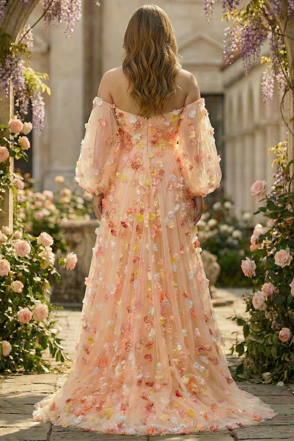 Champagne Floral A-Line Tulle Long Prom Dress with Detachable Sleeves