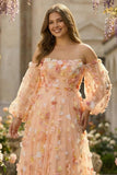 Floral Champagne Tulle Plus Size Long Prom Dress with Detachable Sleeves