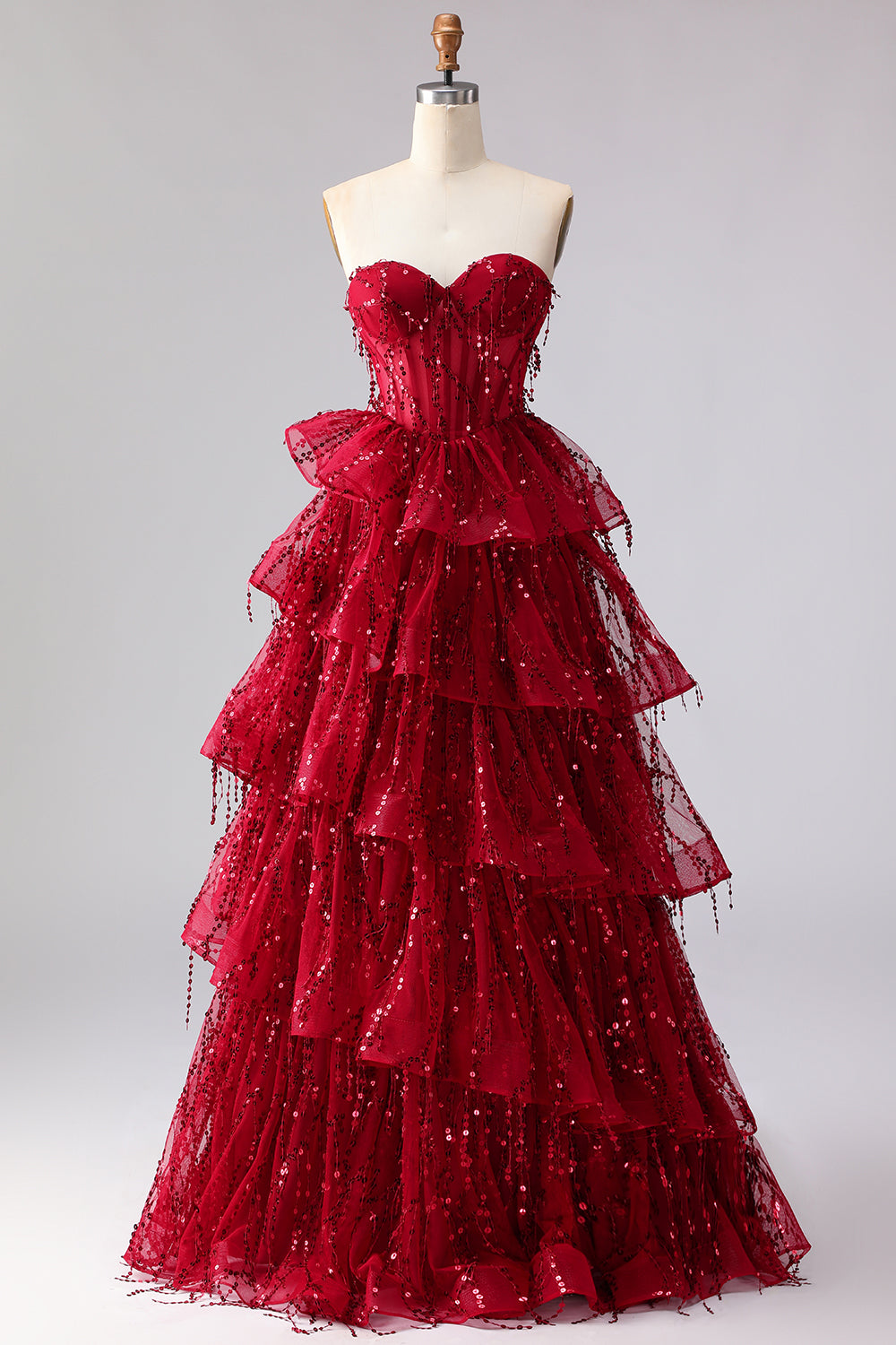 ZAPAKA Women Sparkly Burgundy Plus Size Long Prom Dress with Ruffles Princess Sweetheart Corset Fringed Party Dress with Sequins, Burgundy / US18W