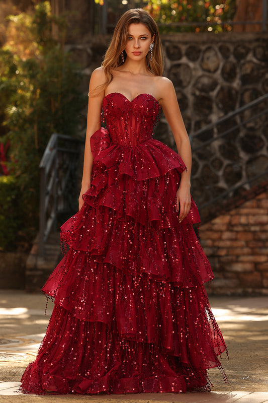 Sparkly Plus Size Burgundy Sweetheart Ruffled A Line Long Corset Prom Dress
