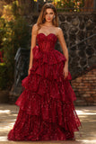 Sparkly Burgundy Sequins A Line Long Corset Prom Dress with Ruffles