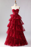 Sparkly Burgundy Sequins A Line Long Corset Prom Dress with Ruffles