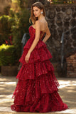 Sparkly Burgundy Sequins A Line Long Corset Prom Dress with Ruffles