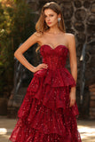 Sparkly Burgundy Sweetheart Ruffled A Line Long Corset Prom Dress