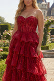 Sparkly Plus Size Burgundy Sweetheart Ruffled A Line Long Corset Prom Dress