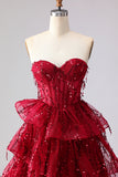Sparkly Burgundy Sequins A Line Long Corset Prom Dress with Ruffles