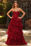 Sparkly Burgundy Sweetheart Ruffled A Line Long Corset Prom Dress