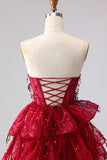 Sparkly Burgundy Sequins A Line Long Corset Prom Dress with Ruffles