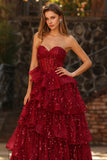 Sparkly Burgundy Sweetheart Ruffled A Line Long Corset Prom Dress