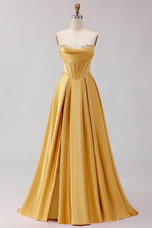 Golden A Line Sweetheart Long Corset Prom Dress with Slit