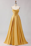 Golden A Line Sweetheart Long Corset Prom Dress with Slit