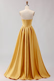 Golden A Line Sweetheart Long Corset Prom Dress with Slit