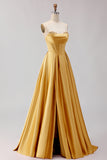 Golden A Line Sweetheart Long Corset Prom Dress with Slit