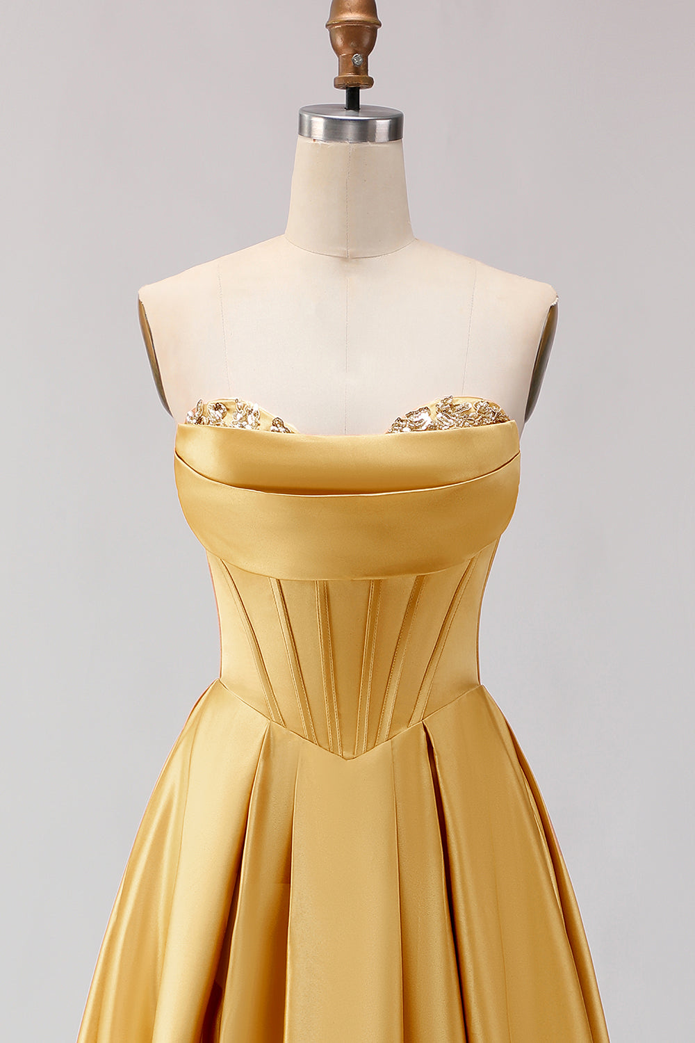 Golden A Line Sweetheart Long Corset Prom Dress with Slit