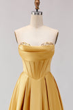 Golden A Line Sweetheart Long Corset Prom Dress with Slit