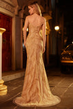 Sparkly Golden Mermaid Beaded Strapless Long Prom Dress with Slit