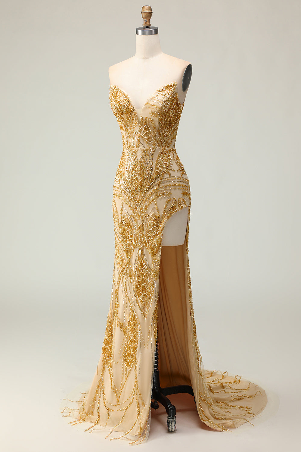 Sparkly Golden Beaded Strapless Mermaid Long Prom Dress with Slit