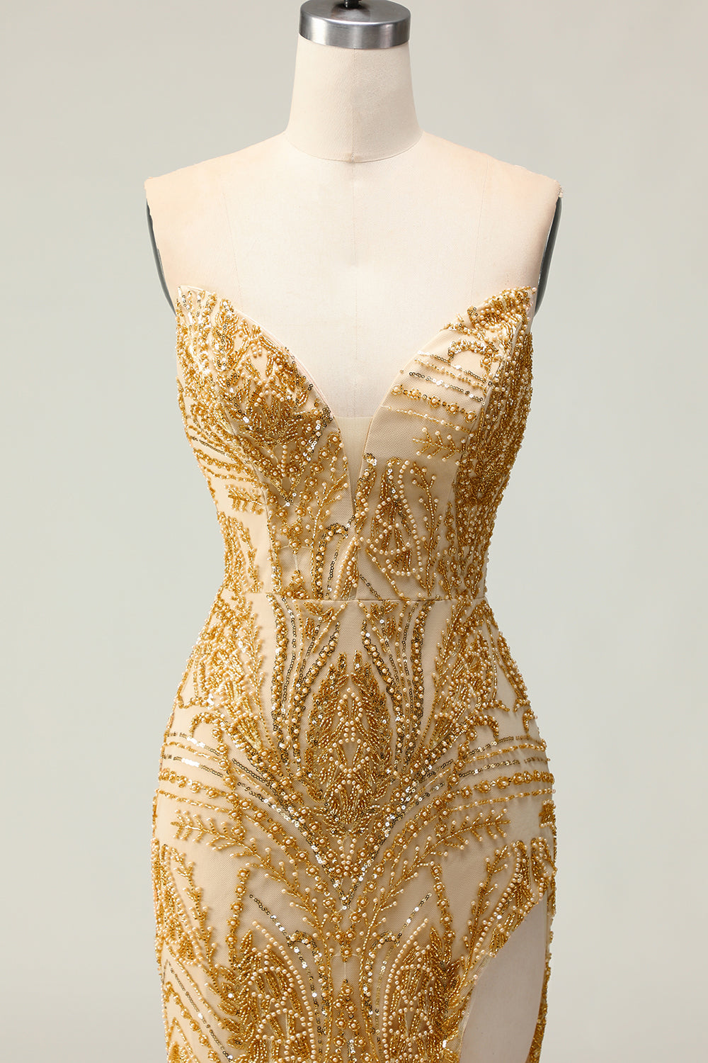 Sparkly Golden Beaded Strapless Mermaid Long Prom Dress with Slit