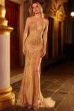 Sparkly Golden Mermaid Beaded Strapless Long Prom Dress with Slit