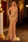 Sparkly Golden Mermaid Beaded Strapless Long Prom Dress with Slit