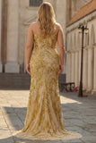 Plus Size Sparkly Golden Mermaid Beaded Strapless Long Prom Dress with Slit