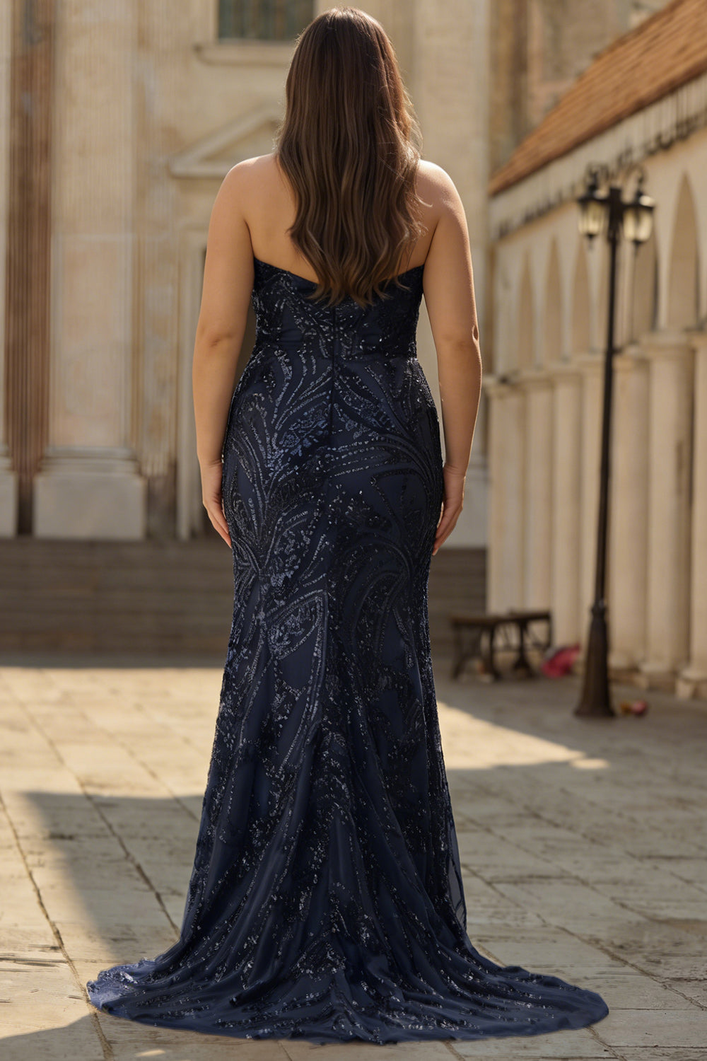 Plus Size Sparkly Golden Mermaid Beaded Strapless Long Prom Dress with Slit