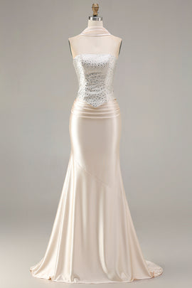 Sparkly Champagne Mermaid Neck Scarf Long Prom Dress with Beading