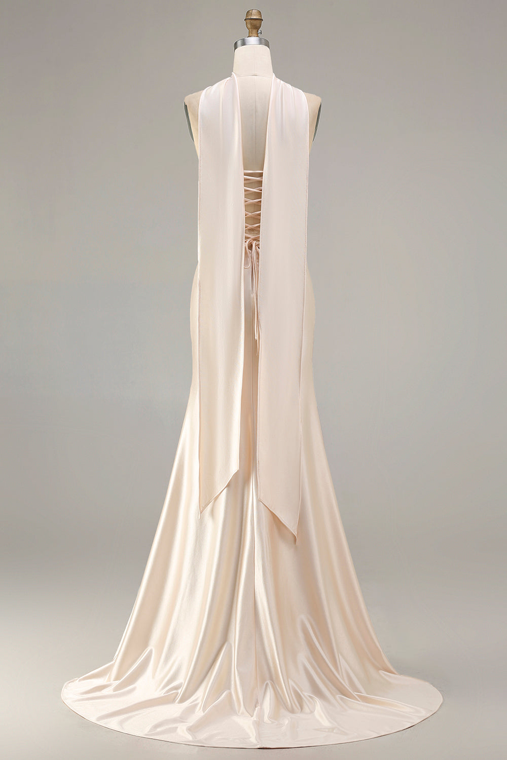 Sparkly Champagne Neck Scarf Mermaid Beaded Long Prom Dress