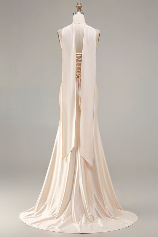 Sparkly Champagne Mermaid Neck Scarf Long Prom Dress with Beading