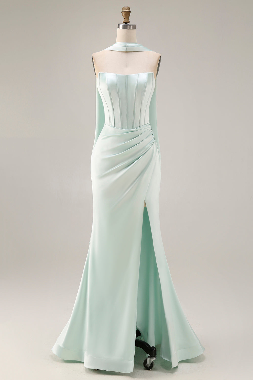 Light Green Mermaid Neck Scarf Long Corset Prom Dress with Slit