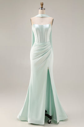 Light Green Mermaid Neck Scarf Long Corset Prom Dress with Slit