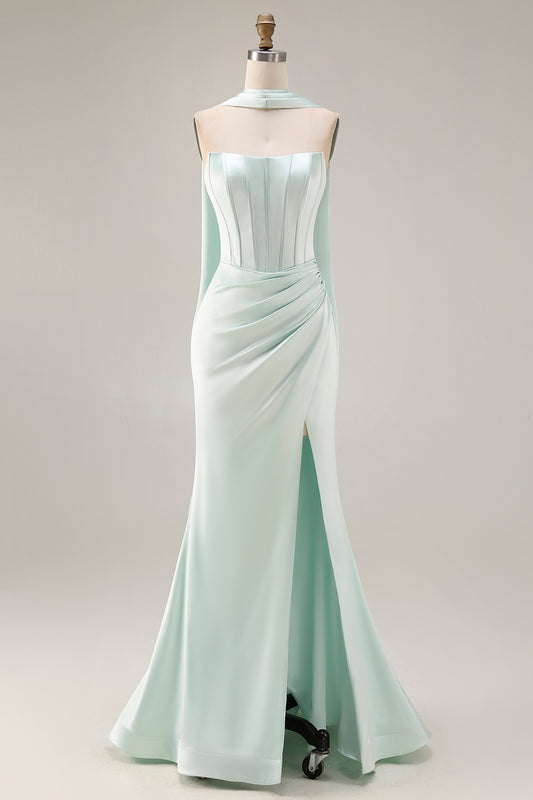 Light Green Mermaid Neck Scarf Long Corset Prom Dress with Slit