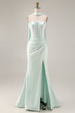 Light Green Mermaid Neck Scarf Long Corset Prom Dress with Slit