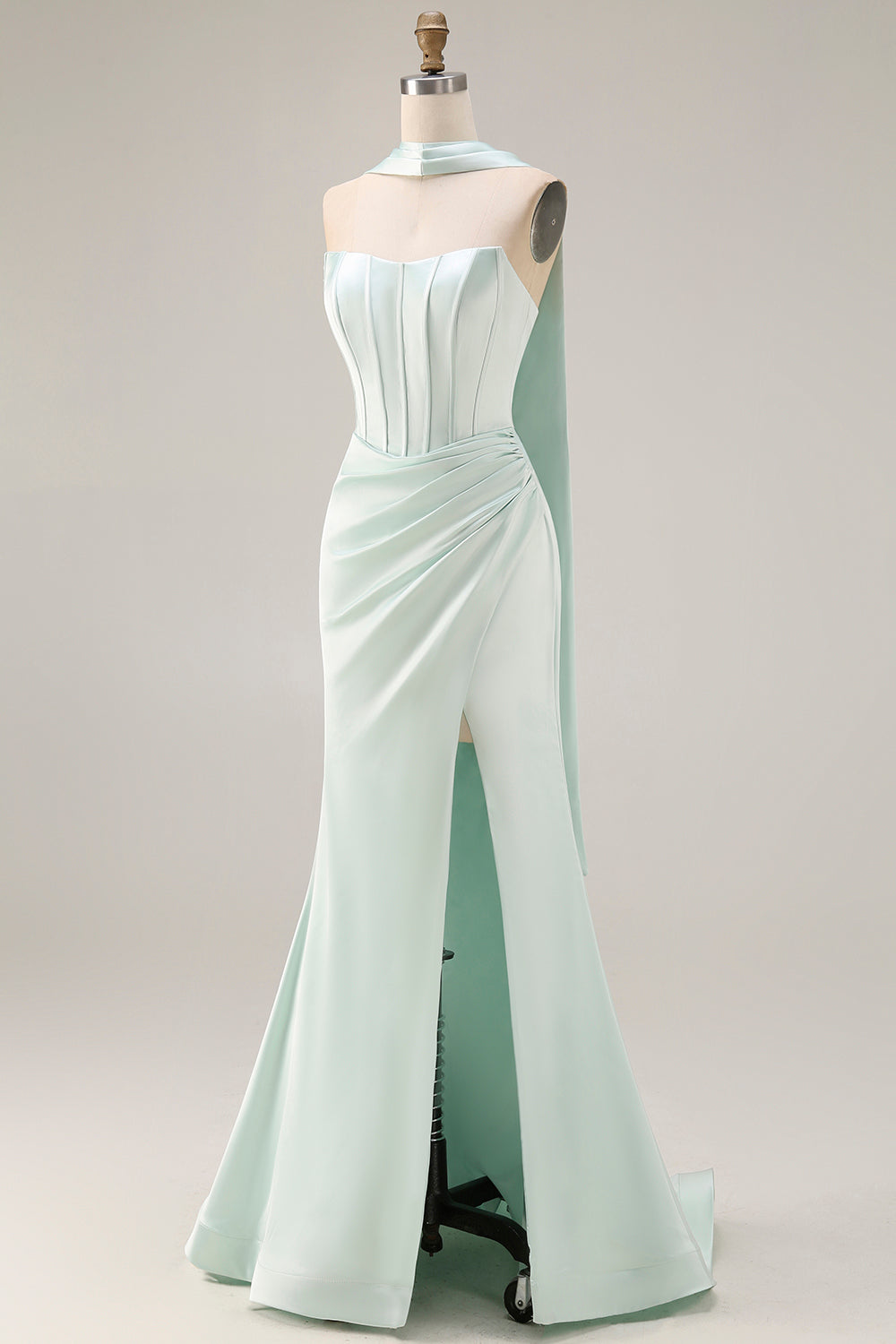Light Green Mermaid Neck Scarf Long Corset Prom Dress with Slit