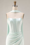 Light Green Mermaid Neck Scarf Long Corset Prom Dress with Slit