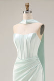 Light Green Mermaid Neck Scarf Long Corset Prom Dress with Slit
