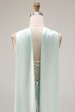 Light Green Mermaid Neck Scarf Long Corset Prom Dress with Slit